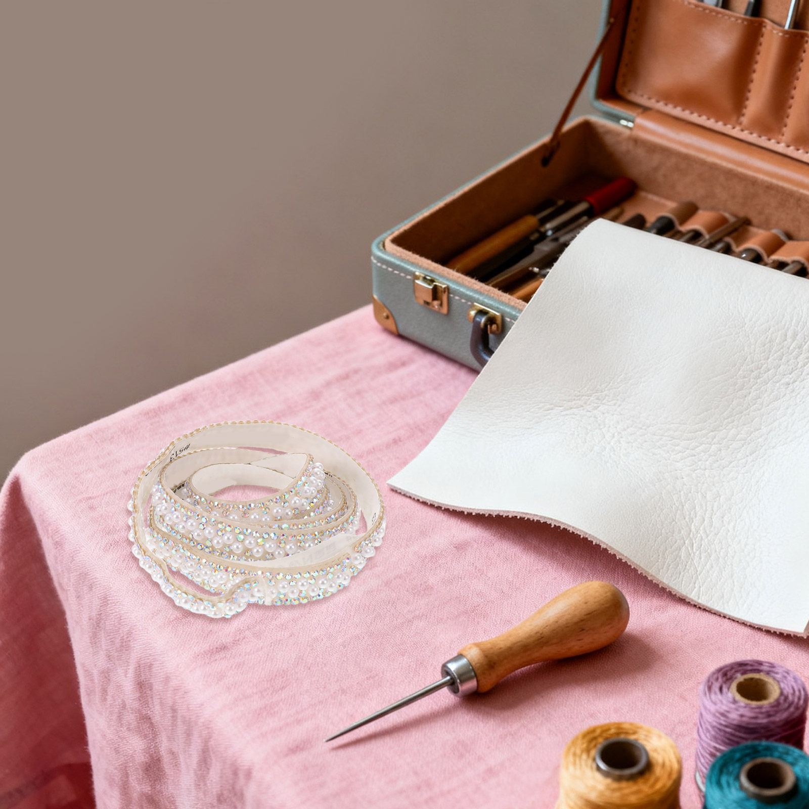Embellishment Glue Craft - 5 ม้วน แถบตกแต่งประดับมุกและเพชรเทียม แบบมีกาวในตัว สำหรับชุดเจ้าสาว ตกแต่งรองเท้า