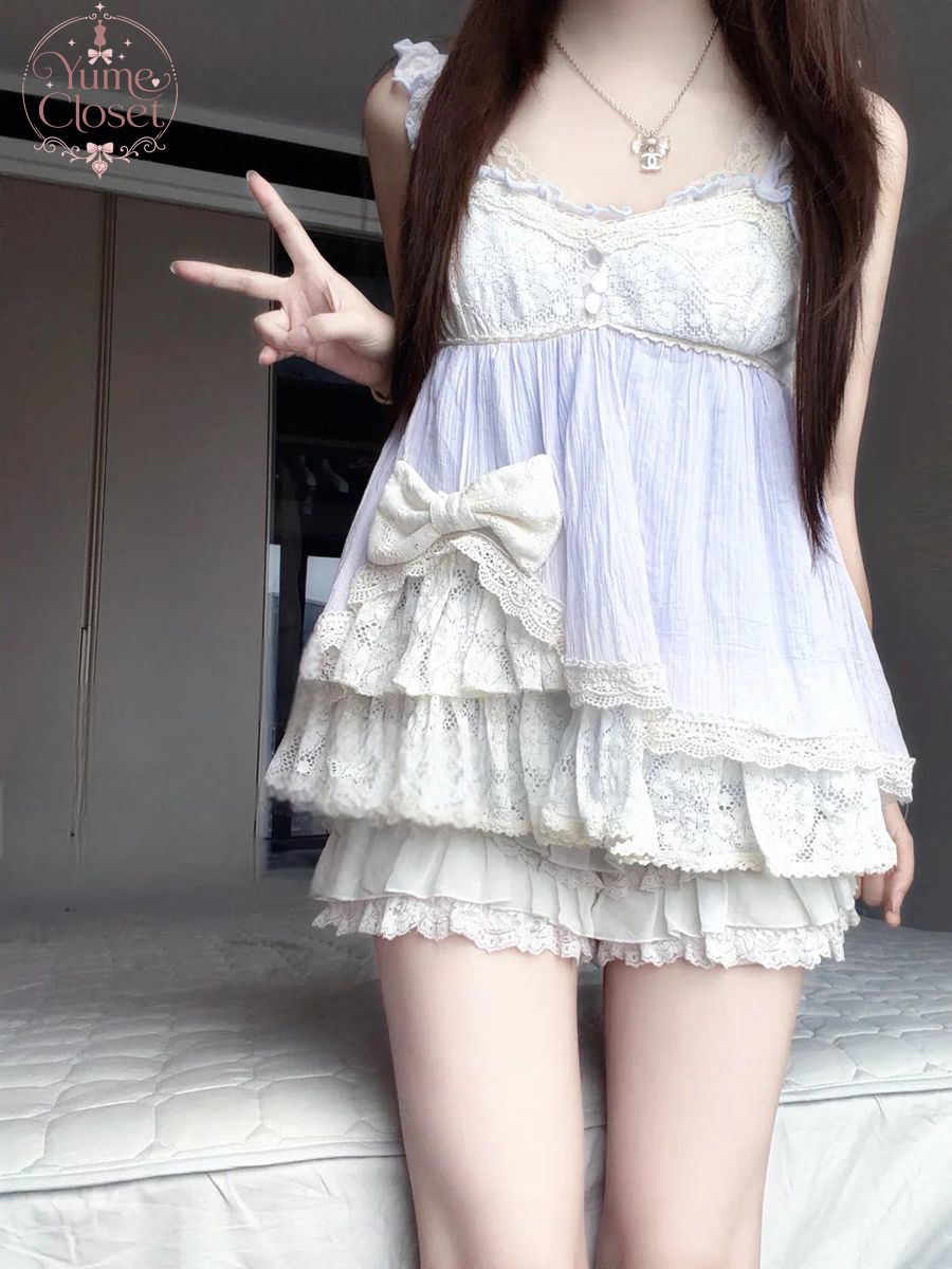 Elastic Lace Trim - ชุดเซ็ต 2 ชิ้นสไตล์วินเทจญี่ปุ่น Coquette Ryousangata Dollcore