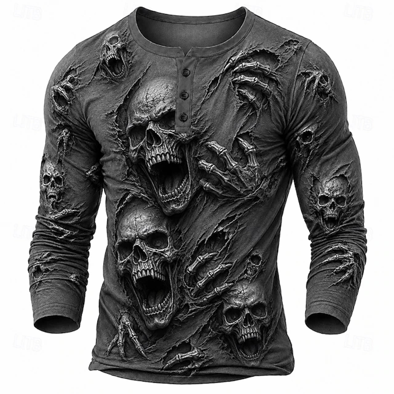 Embellish Knit - เสื้อยืดแขนยาวผู้ชายสไตล์โกธิคสยองขวัญฮาโลวีน ลายพิมพ์หัวกะโหลก 3 มิติ—เสื้อลำลองตัดต่อสีสันฤดูใบไม้ร่วง
