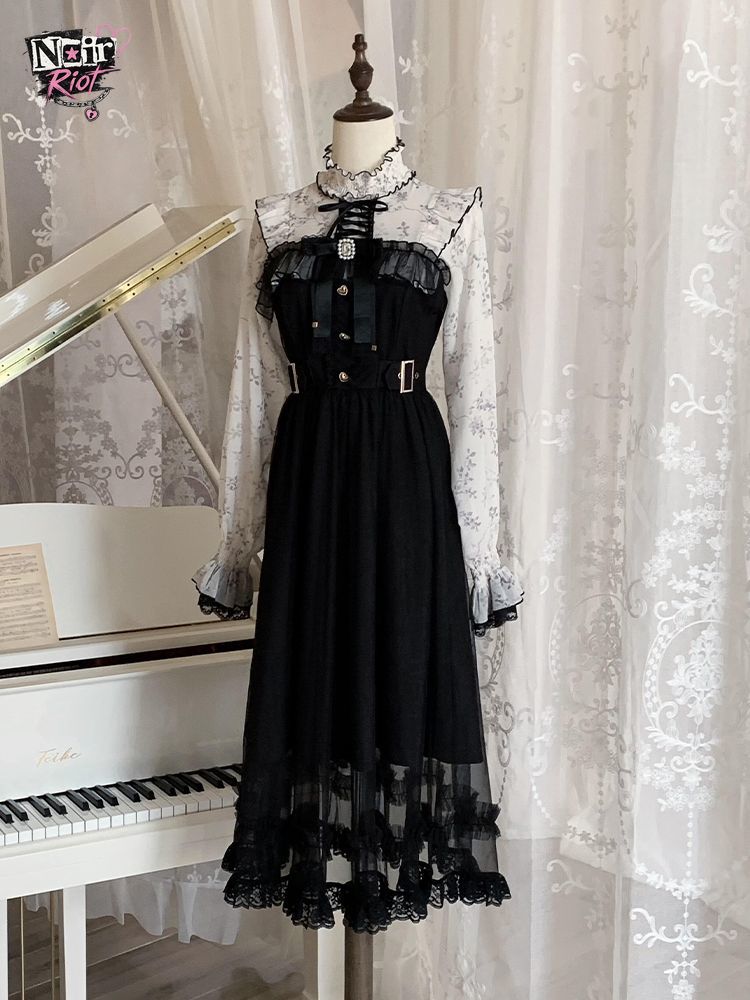 Elastic Lace Trim - ชุดเดรสสไตล์โลลิต้าวินเทจฝรั่งเศสสำหรับผู้หญิง สีดำขาวตัดกัน แต่งขอบลูกไม้ โบว์ จับจีบช่วงเอว แขนยาว